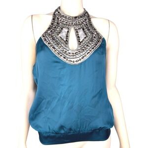 Bebe Halter Top Size S Teal Jeweled Embellished Neckline‎ Silk Vintage Deadstock